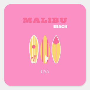 Malibu, Malibu Beach, California, Preppy, Pink Square Sticker
