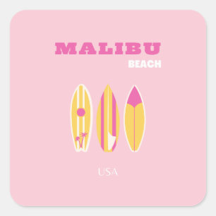 Malibu, Malibu Beach, Preppy, Pink Square Sticker