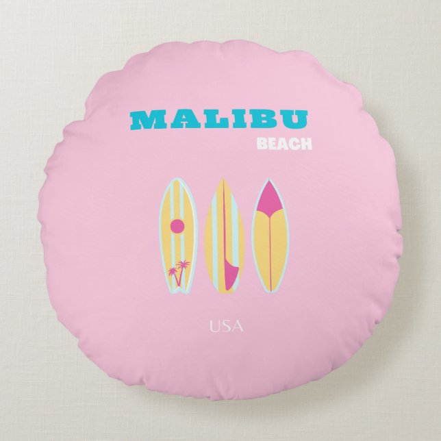 Malibu, Malibu Beach, Preppy, Preppy Girl, Pink Round Cushion (Front)