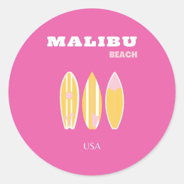 Malibu, Malibu Beach, Travel Art, Preppy, Pink Classic Round Sticker (Front)