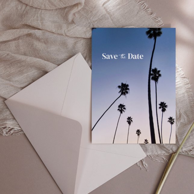 Malibu Palm Trees • Save the Date • Boho Blue Postcard (malibu palms save the date with envelope)