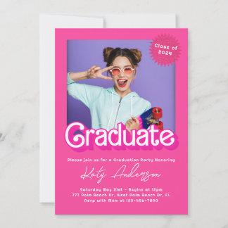 Malibu Retro Pink Doll Graduation Invitation