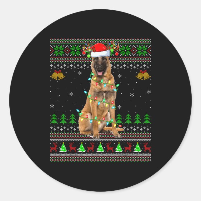 Malinois Dog Ugly Christmas Sweaters Holiday Santa Classic Round Sticker (Front)