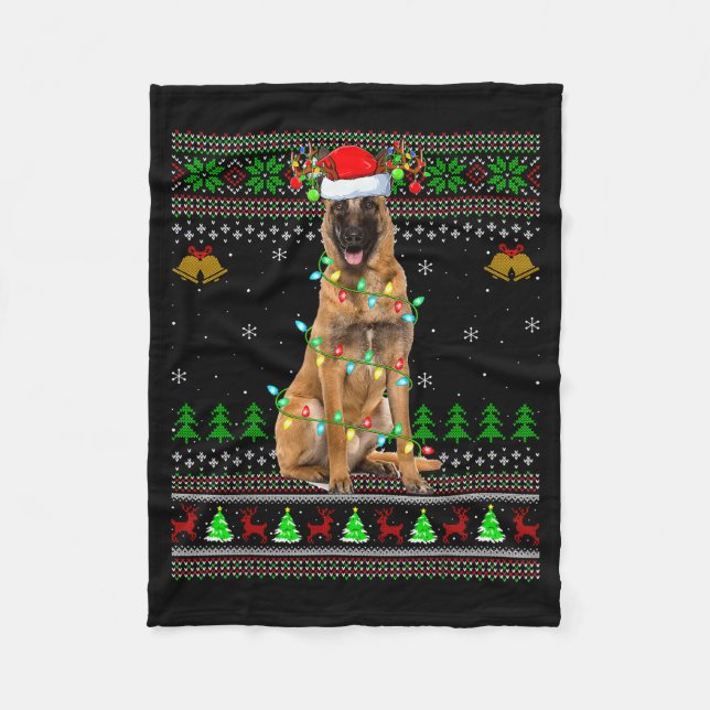 Malinois Dog Ugly Christmas Sweaters Holiday Santa Fleece Blanket (Front)