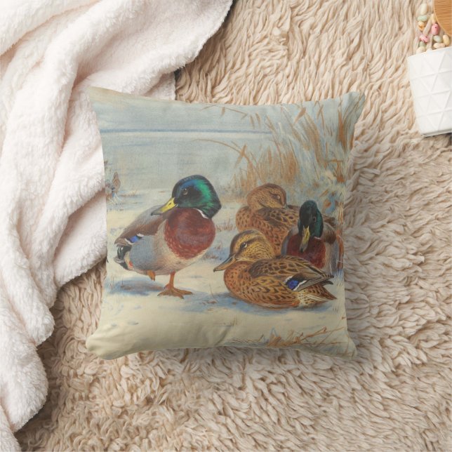 Mallard and teal in the snow, Birds Cushion (Blanket)