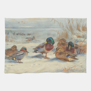 Mallard and teal in the snow, Birds Tea Towel