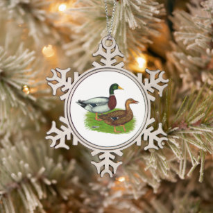 Mallard Drake and Duck Snowflake Pewter Christmas Ornament