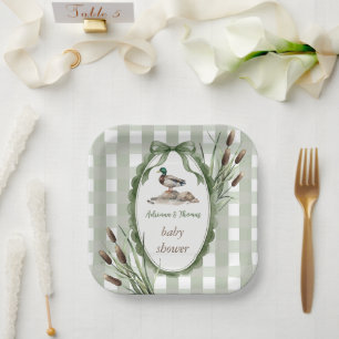Mallard Duck Baby Shower Gingham Green Paper Plate