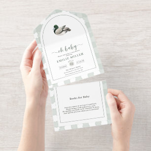 Mallard Duck Baby Shower Invitation, Neutral Green All In One Invitation
