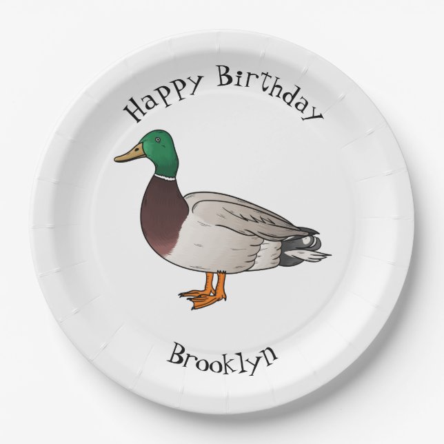 Mallard duck cartoon illustration paper plate (Front)