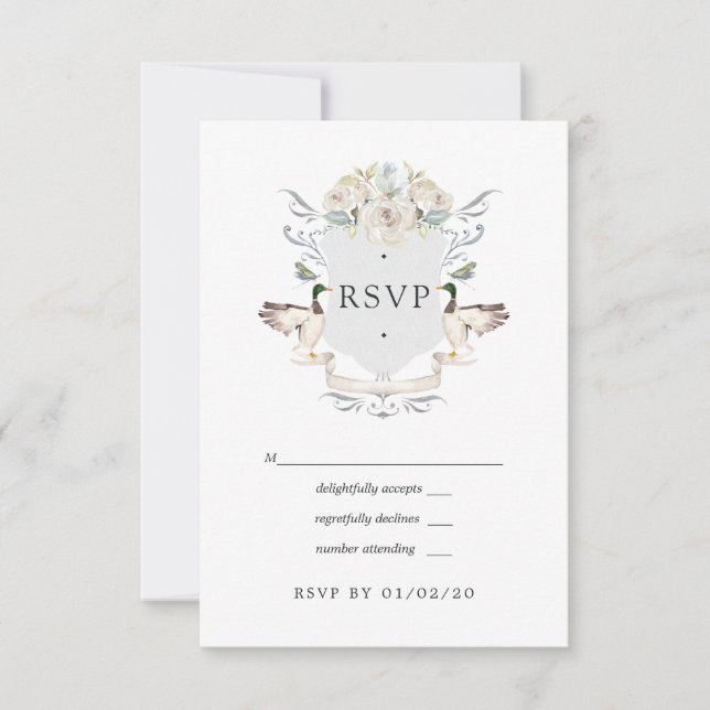 Mallard Duck Crest Elegant Lake Wedding RSVP Card (Front)