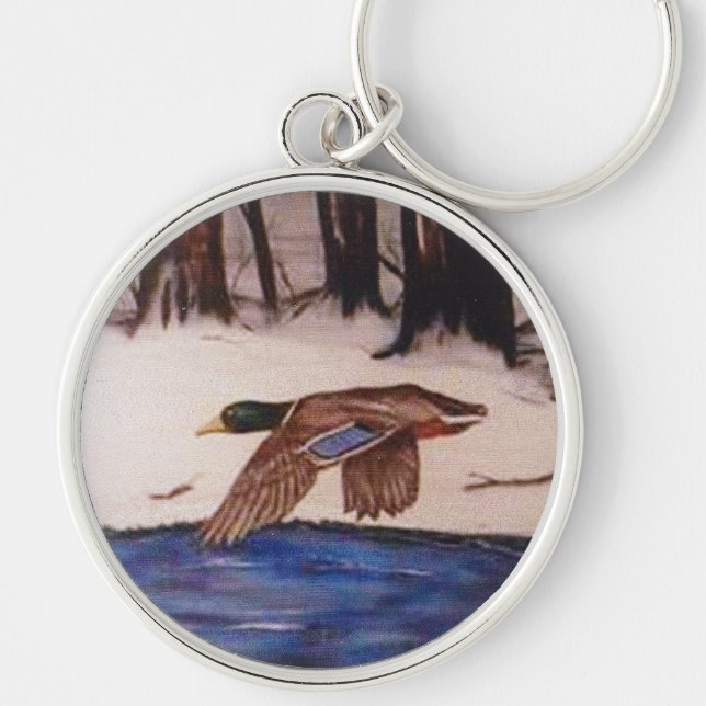 Mallard Duck Flying in Winter Key Ring (Front)