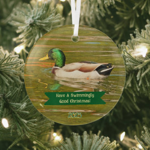 MALLARD DUCK GLIDING ACROSS POND GLASS TREE DECORATION
