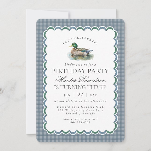 Mallard Duck Hunting Blue Gingham Boy Birthday Invitation (Front)