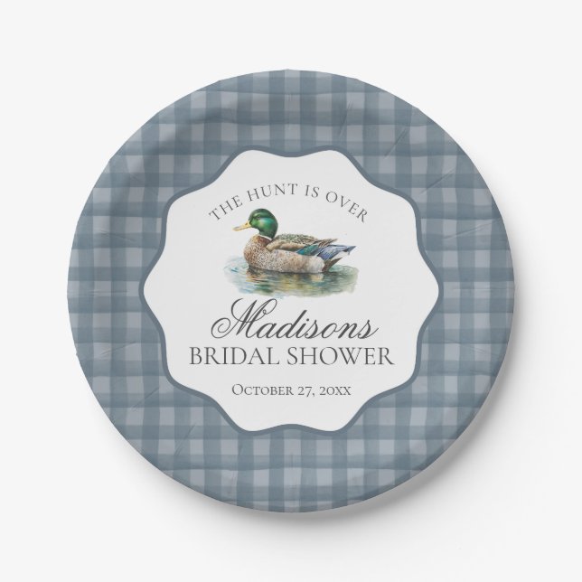 Mallard Duck Hunting Blue Gingham Bridal Shower Paper Plate (Front)