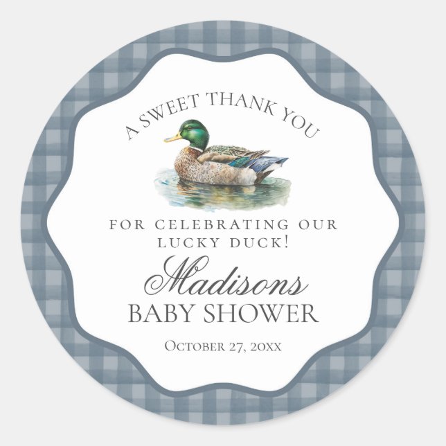 Mallard Duck Hunting Gingham Baby Shower Circle Classic Round Sticker (Front)