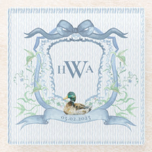 Mallard Duck Monogram Grandmillennial Glass Coaster