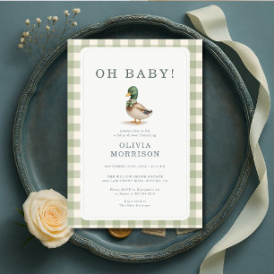 Mallard Duck Oh Baby Gingham Green Baby Shower Invitation