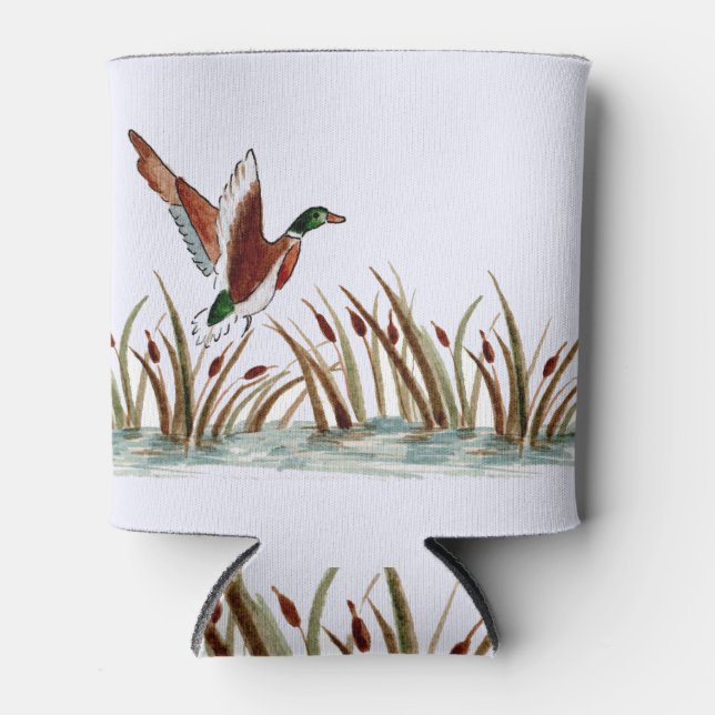 Mallard Duck Over Cattails Against a White Sky Can Cooler (Front)