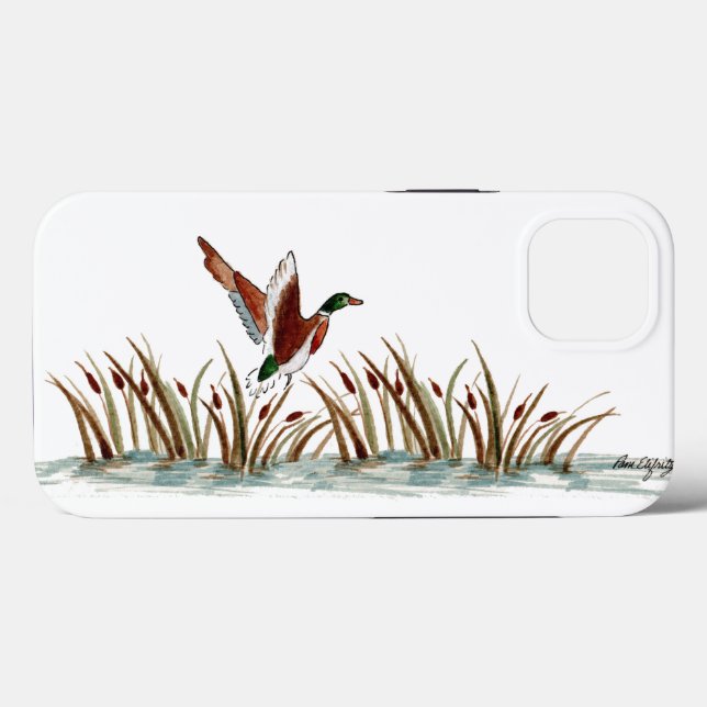 Mallard Duck Over Cattails Against a White Sky Cas Case-Mate iPhone Case (Back (Horizontal))