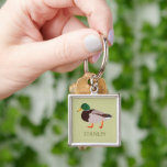 Mallard Duck Realistic Illustration Personalised Key Ring<br><div class="desc">Create a personalised gift that's perfect for bird lovers when you add their name to this keychain. It features a realistic style illustration of a male mallard duck in green and brown against a pale green background with a name or other text in coordinating olive green lettering.</div>