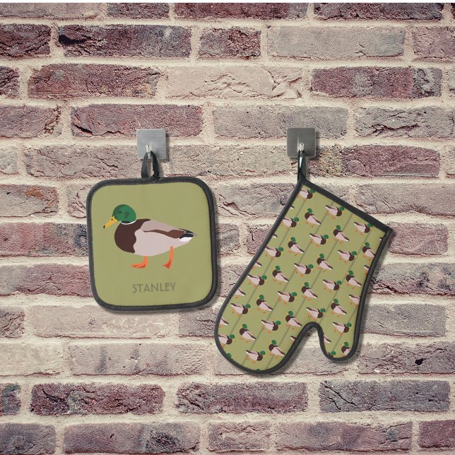 Mallard Duck Realistic Illustration Personalised Oven Mitt & Pot Holder Set (Creator Uploaded)