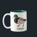 Mallard Duck Realistic Illustration Personalised Two-Tone Coffee Mug<br><div class="desc">Create a personalised gift that's perfect for bird lovers when you add their name to this coffee mug. It features a realistic style illustration of a male mallard duck in green and brown with a name or other text in coordinating green lettering. The graphic and text appear on both sides...</div>