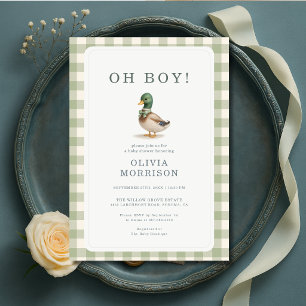 Mallard Duck Sage Green Oh Boy Gingham Baby Shower Invitation