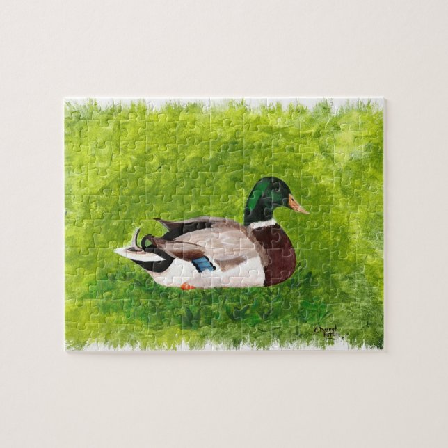 Mallard Duck Sitting in the Grass Painting, Puzzle (Horizontal)