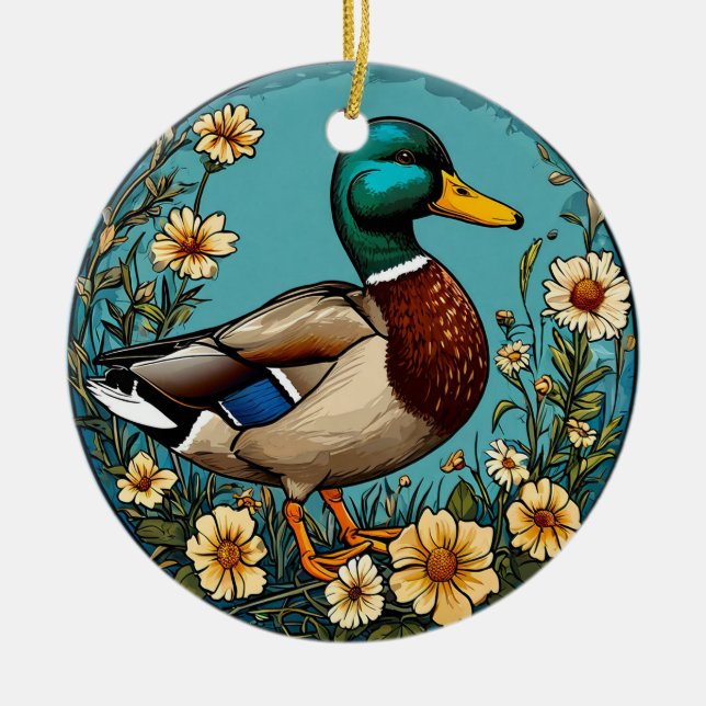 Mallard Duck Surrounded by Vibrant Flowers in a Sc Ceramic Ornament (Front)