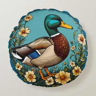 Mallard Duck Surrounded by Vibrant Flowers in a Sc Round Cushion