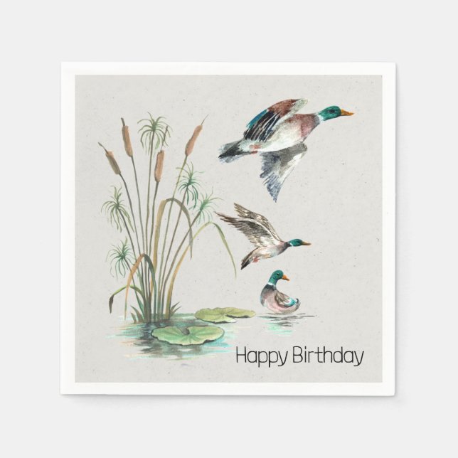 Mallard Ducks and Cattails Birthday Napkin (Front)