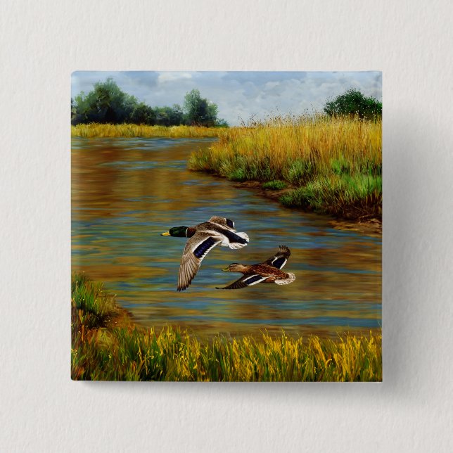 Mallard Ducks Flying Over Pond 15 Cm Square Badge (Front)