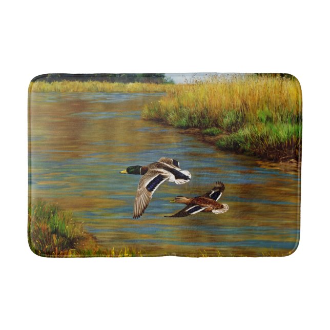 Mallard Ducks Flying Over Pond Bath Mat (Front)