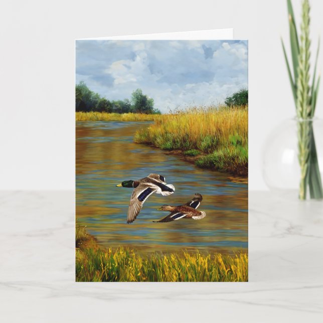 Mallard Ducks Flying Over Pond Card (Front)