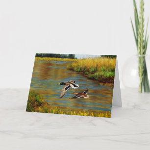 Mallard Ducks Flying Over Pond Card