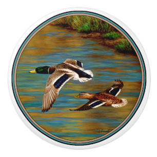 Mallard Ducks Flying Over Pond Ceramic Knob