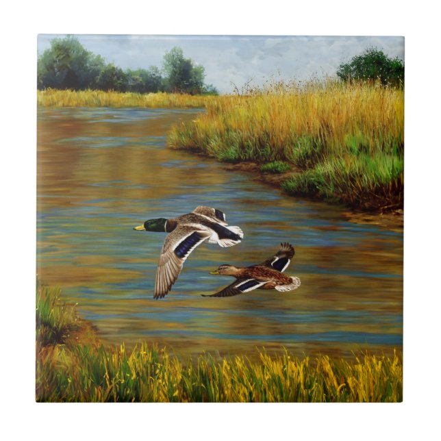 Mallard Ducks Flying Over Pond Ceramic Tile (Front)