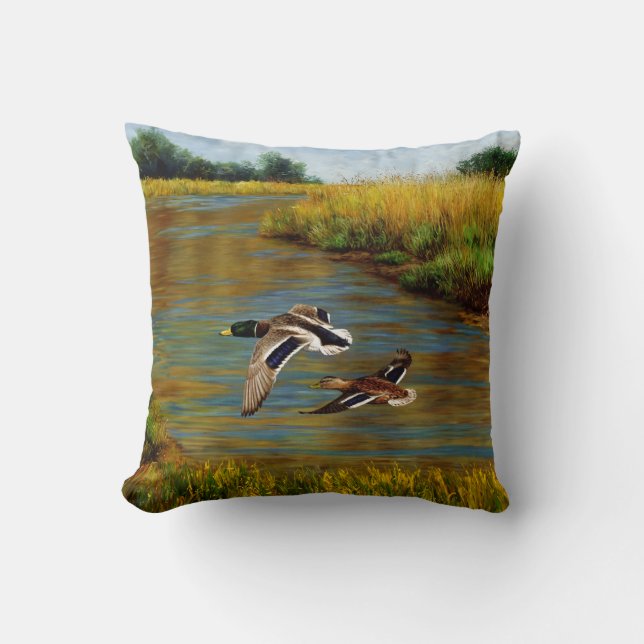 Mallard Ducks Flying Over Pond Cushion (Front)