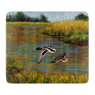 Mallard Ducks Flying Over Pond Cutting Board
