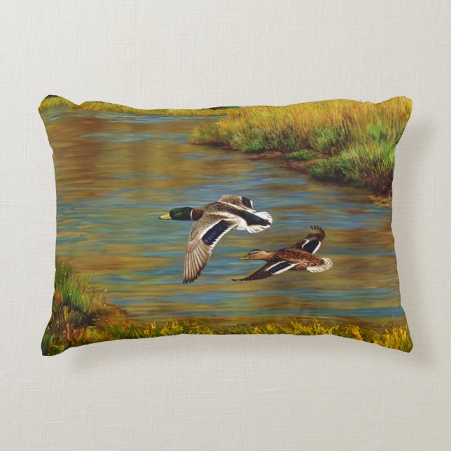 Mallard Ducks Flying Over Pond Decorative Cushion (Front)