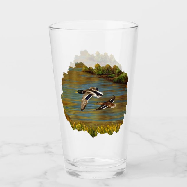 Mallard Ducks Flying Over Pond Glass (Front)