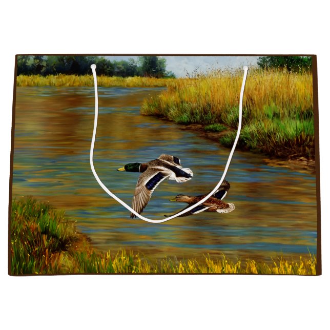 Mallard Ducks Flying Over Pond Large Gift Bag (Front)