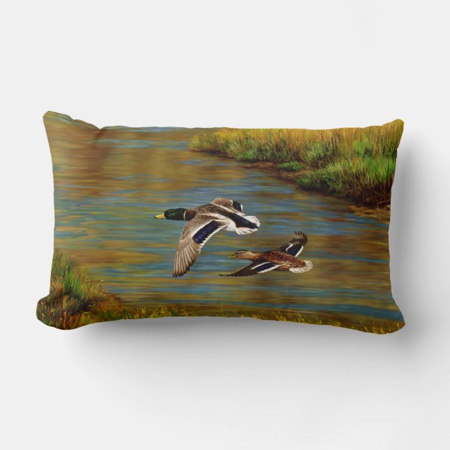 Mallard Ducks Flying Over Pond Lumbar Cushion (Front)