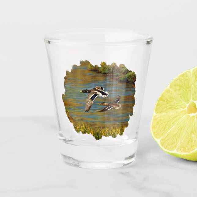 Mallard Ducks Flying Over Pond Shot Glass (Front)