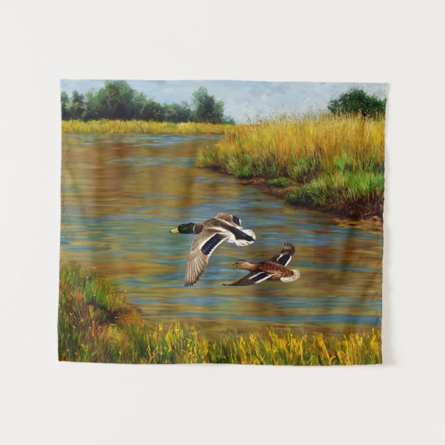 Mallard Ducks Flying Over Pond Tapestry (Front (Horizontal))