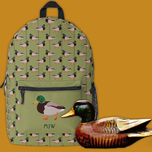 Mallard Ducks Illustrations on Olive Green Printed Backpack (Creator Uploaded)