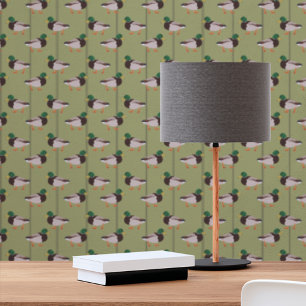 Mallard Ducks Illustrations on Olive Green Wallpaper