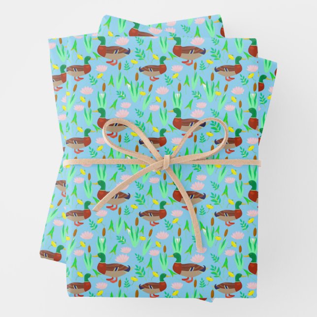 Mallard Ducks in A Swamp Pattern Wrapping Paper Sheet (In situ)