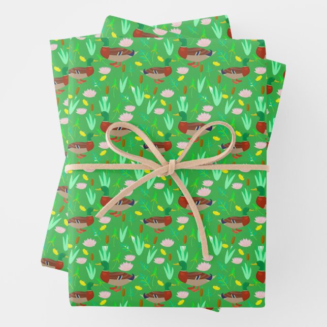 Mallard Ducks in A Swamp Pattern Wrapping Paper Sheet (In situ)